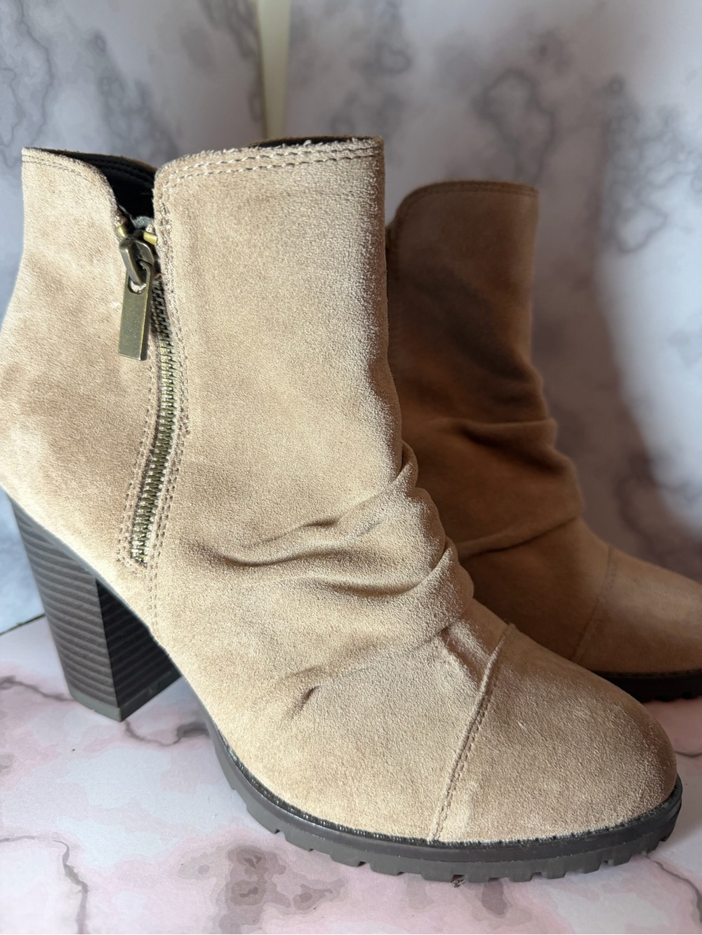 White Mountain Taupe Suede Ankle Booties with Side Zip